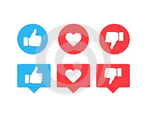 Thumbs up and down with heart like icons. Social media like dislike vector icons