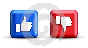 Thumbs up thumbs down red and blue isolated vector like dislike social media signs. Recommendation icons, good and bad choice