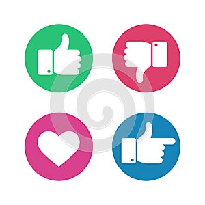 Thumbs up down sign. Point finger and heart icons in red and green circle. Social media love user reaction vector