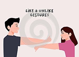 Thumbs up and Down. Woman showing thumb down or dislike With Man hand show thumb up or like gestures  cartoon Illustration
