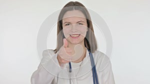 Thumbs Up by Female Doctor on White Background