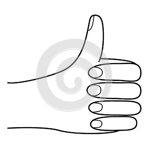 A thumbs-up gesture. A human hand with a raised thumb. A symbol of approval, consent. Hand-drawn black and white vector