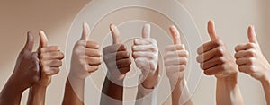 The thumbs up gesture representing unity and approval in a diverse group. AI generated image