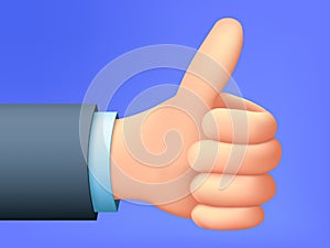 Thumbs up hand sign. Vector like sumbol. 3d cartoon hand