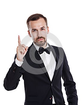 Thumbs up handsome young businessman in business suit. Businessman portrait isolated on white background.