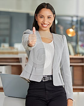 Thumbs up, happy, and portrait of business woman for motivation, support and success. Achievement, yes and thank you