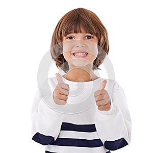 Thumbs up, happy and portrait of child on a white background for success, good news and approve. Emoji, thank you and