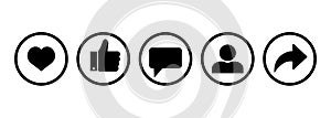 Thumbs up and heart icon with repost and comment icons on a white background. facebook, facebook icon, social media icon