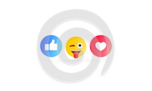 Thumbs up and heart label with cartoon smile. Set of social icons. Vector on isolated white background. EPS 10. Laugh, wonder, sad