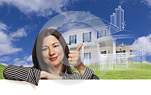 Thumbs Up Hispanic Woman with Ghosted House Drawing Behind