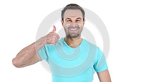 Thumbs up by middle aged man, white background