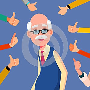 Thumbs Up Old Man Vector. Public Respect. Business Illustration