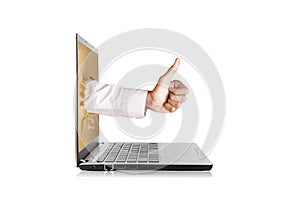 Thumbs-up out from laptop computer