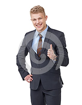 Thumbs up, portrait and business man in studio for success, winning deal and voting yes on white background. Happy