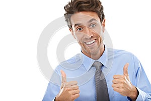 Thumbs up, portrait and excited business man in studio for winning deal, success and like agreement on white background