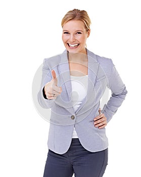 Thumbs up, portrait or happy business woman in studio with motivation, support or thank you sign on white background