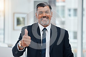 Thumbs up, portrait and mature business man with success, winning or achievement. Happy CEO, boss and manager with thumb