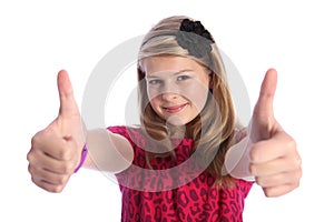 Thumbs up positive hand sign by blonde school girl