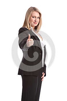 Thumbs up positive sign by business woman in suit