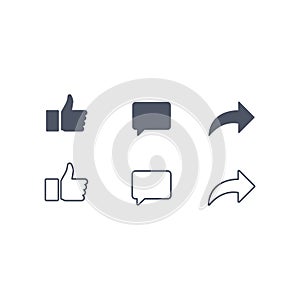 Thumbs up and with repost and comment icons on a white background. Social media icon, empathetic emoji reactions icon