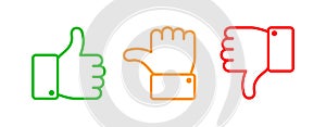 Thumbs up set. Green like red dislike and yellow undecided line icons. Thumb up and down vector outline isolated web photo