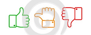 Thumbs up set. Green like red dislike and yellow undecided line icons. Thumb up and down vector outline isolated web