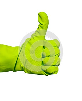 Thumbs up sign in green vinyl glove