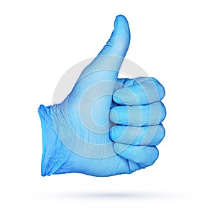 Thumbs-up sign. Hand in blue nitrile glove isolated