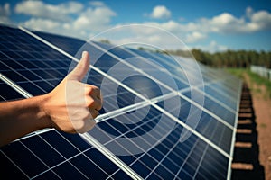 Thumbs up for solar panels symbolizing standard usage in renewable energy and environment conservation