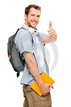 Thumbs up student happy man