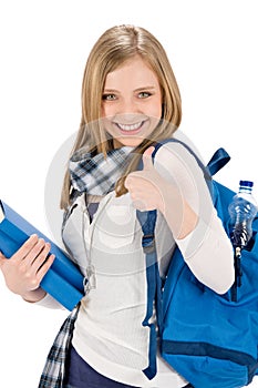 Thumbs up student teenager woman with schoolbag