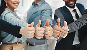 Thumbs up, success and group closeup or people winning, support or thank you hands or emoji. Yes, like or winner with