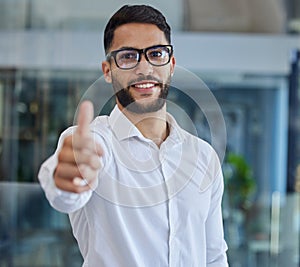 Thumbs up, success and portrait of programmer man in office happy with agreement, feedback or review. Nerd, happiness