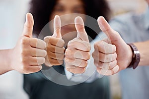 Thumbs up, support and business people in collaboration for a thank you, agreement or success together at work. Hand