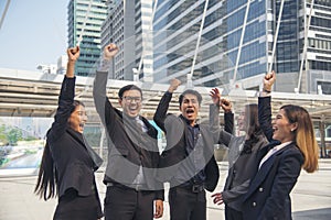 Thumbs up team hand satisfaction job with positive happy good sign. Close up business people partner hand Positive idea good sign