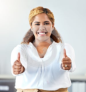 Thumbs up, thank you and motivation with a business woman and winner in her office with a smile. Hands, happy and