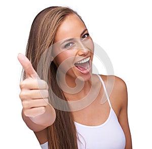 Thumbs up, thank you and portrait of a woman with motivation isolated on a studio background. Success, smile and model