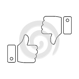 Thumbs up and thumbs down icon. Like and dislike line sign. Disagree with agree outline symbol. Arm gesture. Isolated on white