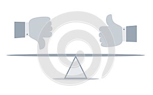 Thumbs up and thumbs down, like and dislike concept. Seesaw balance concept