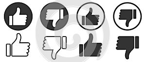 Thumbs up and thumbs down. Like and dislike icons collection set. Modern graphic elements for web banners, web sites, printed