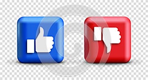 Thumbs up thumbs down red and blue isolated vector like dislike social media signs. Recommendation icons, good and bad choice