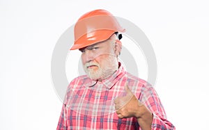 Thumbs up to success. man builder isolated on white. professional skills. build and construction. professional repairman