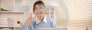 Thumbs up, Woman typing in front of a laptop, Hand pressing laptop keyboard