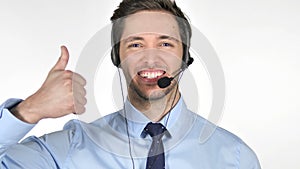 Thumbs Up by Young Call Center Agent on White Background