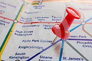 Thumbtack on Hyde Park station in london underground map