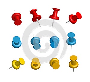 Thumbtacks. A set of colored push pins in different positions. Top and side view. Red, blue and yellow realistic buttons