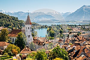 Thun cityscape with Alps mountain and lake in Switzerland