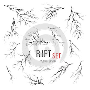 Set of black cracks and lightning bolts