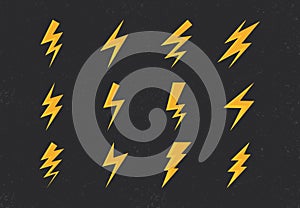 Thunder bolt flash lightning icons set. Thunderbolt and thunderstorm flat vector symbols on dark background