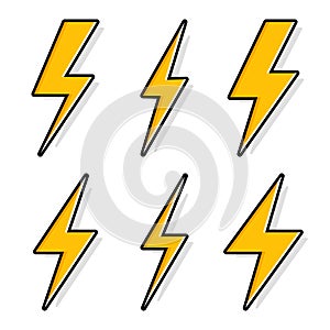 Thunder and Bolt Lighting Flash Icons Set. Flat Style on Dark Background.